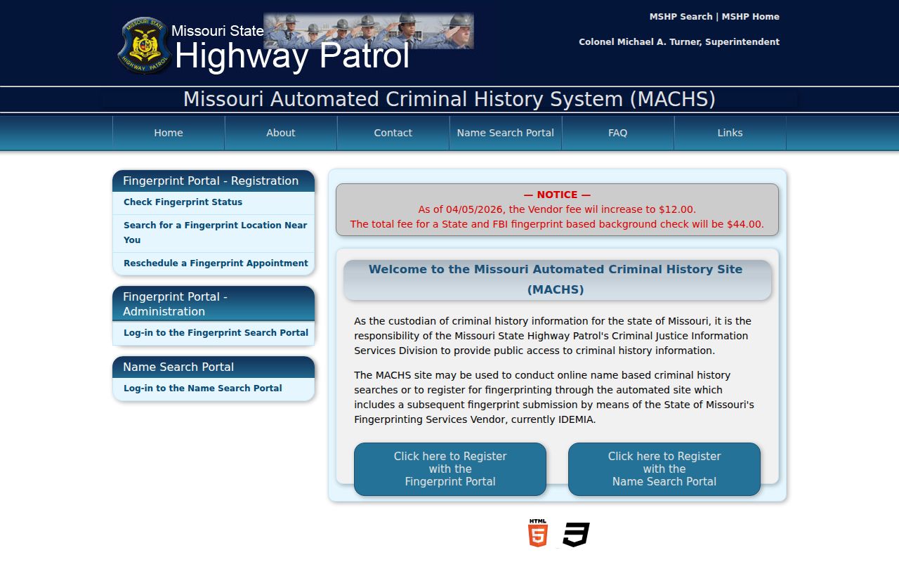 Phelps County criminal history MACHS fingerprint portal